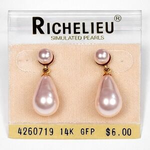 Vintage Richelieu Pink Simulated Pearl Teardrop Earrings 14K GF Posts Elegant